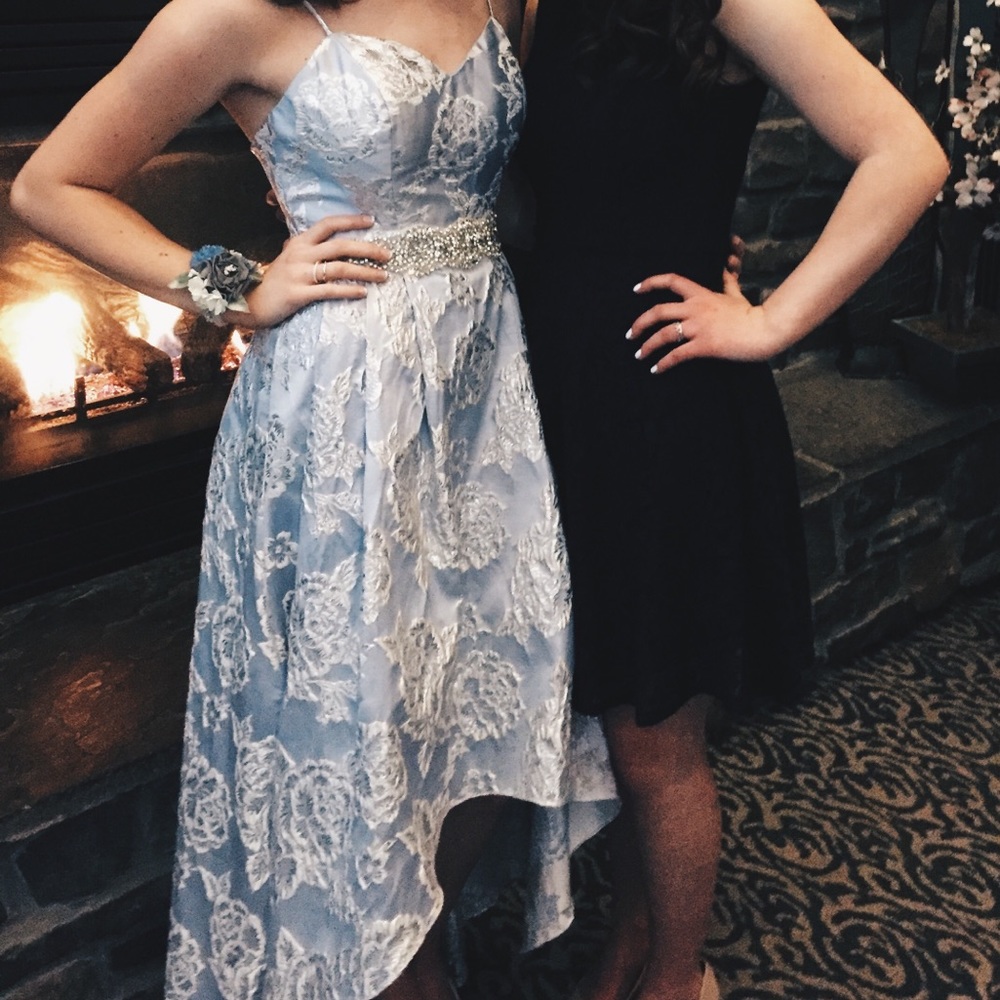 High-low, baby blue dress w/silver floral print